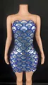Sparkling blue and silver fan-shaped sequin strapless bodycon mini dress for party wear - S / Bottoms / Blue