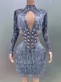 Stunning detail of sparkling rhinestones and silver tassels on a sexy stage performance mini dress - XS / Top And Bottom / Silver Gray