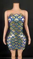 Blue and gold sequin mini cocktail dress with elegant fan-shaped wave pattern design - S / Bottoms / Sapphire Blue