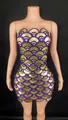 Glamorous sleeveless bodycon dress with golden fan-shaped sequins and purple rhinestones - S / Bottoms / Purple