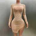 Sexy high-neck long-sleeve mini dress with pearls, rhinestones, and fringe detailing - XS / Apricot