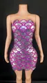 Strapless bodycon mini dress with silver scalloped sequins and pink rhinestones for parties - S / Bottoms / Dark Violet
