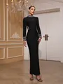 Elegante abito da sera a bende nero a maniche lunghe con dettagli in perline di pietre dure. - Taglia S / Top e Pantaloni / Nero