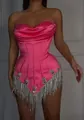 Detailed front view of a hot pink corset mini dress featuring luxury rhinestone fringe - Pink
