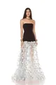 Elegantes trägerloses Abendkleid mit schwarzem Oberteil und weißem Blütenrock. - L / Oberteil Und Unterteil / Weiß