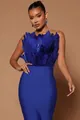 Detailed view of a royal blue strapless bandage midi dress featuring elegant feather trim - Blue