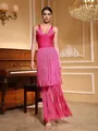 Detail of luxurious pink bandage dress featuring long double-layered fringe details - S / Top And Bottom / Rose Red