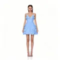 Elegant light blue mini dress featuring intricate 3D floral appliqués and slim fit design - S / Sapphire Blue