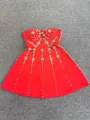 Abito a fascia rosso senza spalline con intricati ricami floreali in strass per feste - Taglia S / Top e Pantaloni / Rosso