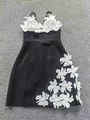 Sophisticated black bandage mini dress featuring intricate 3D white floral applique details - S / Black