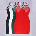 Elegant deep V-neck mesh bandage dresses with rhinestone details in multiple colors. - XS / Suspender Style / Red