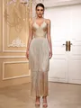 Elegant detail of a champagne gold fringe bandage dress for luxury gala and red carpet - S / Top And Bottom / Apricot