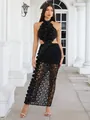 Elegant black halter bandage gown with 3D floral ruffles and lace cutout detailing - S / Tops / Black