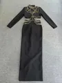 Detalle de elegante vestido largo bandage negro con abalorios dorados y recortes en cintura - S / Top Y Pantalón / Negro