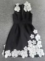 Detailed shot of heavy 3D flower embellishments on black sleeveless V-neck dress - XL / Dresses / Black