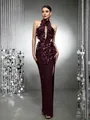 Elegante abito da sera bordeaux con fiori 3D e un sensuale spacco alto sulla gamba per eventi - Taglia S / Pantaloni e gonne / Viola scuro