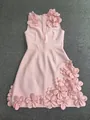 Close-up of pink V-neck dress featuring heavy handmade 3D floral appliqués with crystals. - M / Dresses / Pink