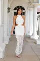 Elegant white halter evening dress featuring 3D lace floral and ruffled details - S / Tops / White
