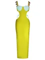 Detailed view of lime green bandage maxi dress with cut-outs and metal strap accents - Top And Bottom / S / Green and Blue