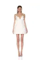 Elegant white mini dress with 3D floral decorations, spaghetti straps, and a slim fit - S / White