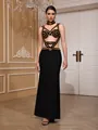 Elegante abito da sera a bende nero con perline dorate e girocollo coordinato. - Taglia S / Top e Pantaloni / Nero