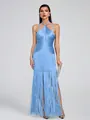Elegant light blue halter maxi dress featuring long layered fringe for evening parties - S / Top And Bottom / Blue