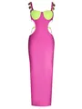 Full view of hot pink bandage dress with neon green cut-outs and metal jewelry straps - Rose Pink Green Patchwork