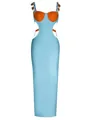 Elegant light blue bandage maxi dress featuring orange cups and gold chain straps - Blue and Orange
