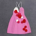 Detail showing pink A-line dress with pearl straps and 3D fabric rose appliqués - S / Top And Bottom / Pink