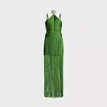 Elegant green halter neck evening gown featuring long fringe hem for formal dinner parties - S / Top And Bottom / Green