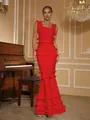 Elegante abito a sirena rosso con volant e schiena scoperta per serate - Taglia L / Top e Pantaloni / Rosso