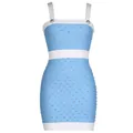 Abito a fascia blu chiaro e bianco senza schiena con decorazioni in strass argentati. - Taglia S / Top e Pantaloni / Celeste
