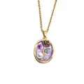 Elegant vintage gold necklace with purple enamel oil painting rose and white pearl - Rose Flower Pearl Necklace / Purple