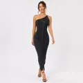 Close-up of elegant ruched one-shoulder knit bandage dress with glitter finish - S / Dresses / Black