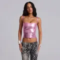 Close-up of metallic pink bandage crop top with side lace-up details and square neck. - XS / Tops / Pink