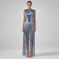 Metallic blue sleeveless bandage dress with long fringe hem for parties - S / Top And Bottom / Light Blue