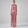 Elegant pink sleeveless bandage dress with long fringed skirt and metallic sheen for parties. - S / Top And Bottom / Pink