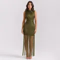 Elegant sleeveless olive green bandage dress with metallic fringe for formal evening parties - Army Green