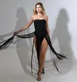Chic black strapless bodysuit with long fringe detail for party and performance events - XS / Top And Bottom / Black