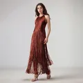 Elegant sleeveless halter neck fringe maxi dress for socialite parties and stage - M / Top And Bottom / Red Brown