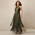 Elegant olive green fringe sleeveless bandage dress for party and stage performance - S / Top And Bottom / Army Green
