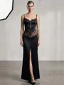 Detailed view of an elegant black satin slip dress featuring lace panels and front slit - S / Top And Bottom / Black