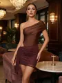 Sexy one-shoulder cutout mini dress with rhinestone detailing in a luxury setting - S / Top And Bottom / Dark Brown