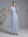 Full view detailed texture of the ruched mesh on a light blue one-shoulder maxi dress - XS / Top And Bottom / Light Blue