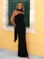 Elegant black strapless maxi dress with a chic neck scarf detail for evening parties. - S / Tops / Black