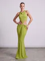 Detail view of an avocado green halter maxi dress with waist cut-out and gathered skirt. - XS / Top And Bottom / Green