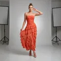 Elegant orange strapless pleated chiffon maxi dress with tiered ruffles for summer vacation. - S / Dresses / Orange Red