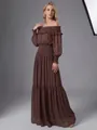 Elegant brown off-the-shoulder long sleeve maxi dress with smocked waist and ruffles - S / Top And Bottom / Dark Brown