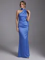 Elegant royal blue satin halter neck dress with streamer detail and asymmetrical shoulder - S / Top And Bottom / Sapphire Blue