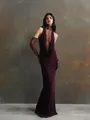 Elegant burgundy halter neck lace patchwork maxi dress with matching evening gloves - S / Top And Bottom / Fuschia
